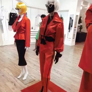 Red Satin Wide Collar Tie Front Blouse